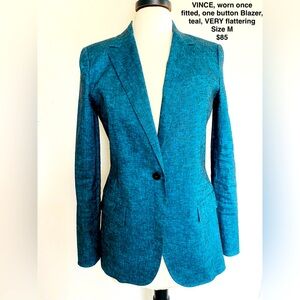 VINCE, ladies fitted, one button blazer, in teal, size Medium $85